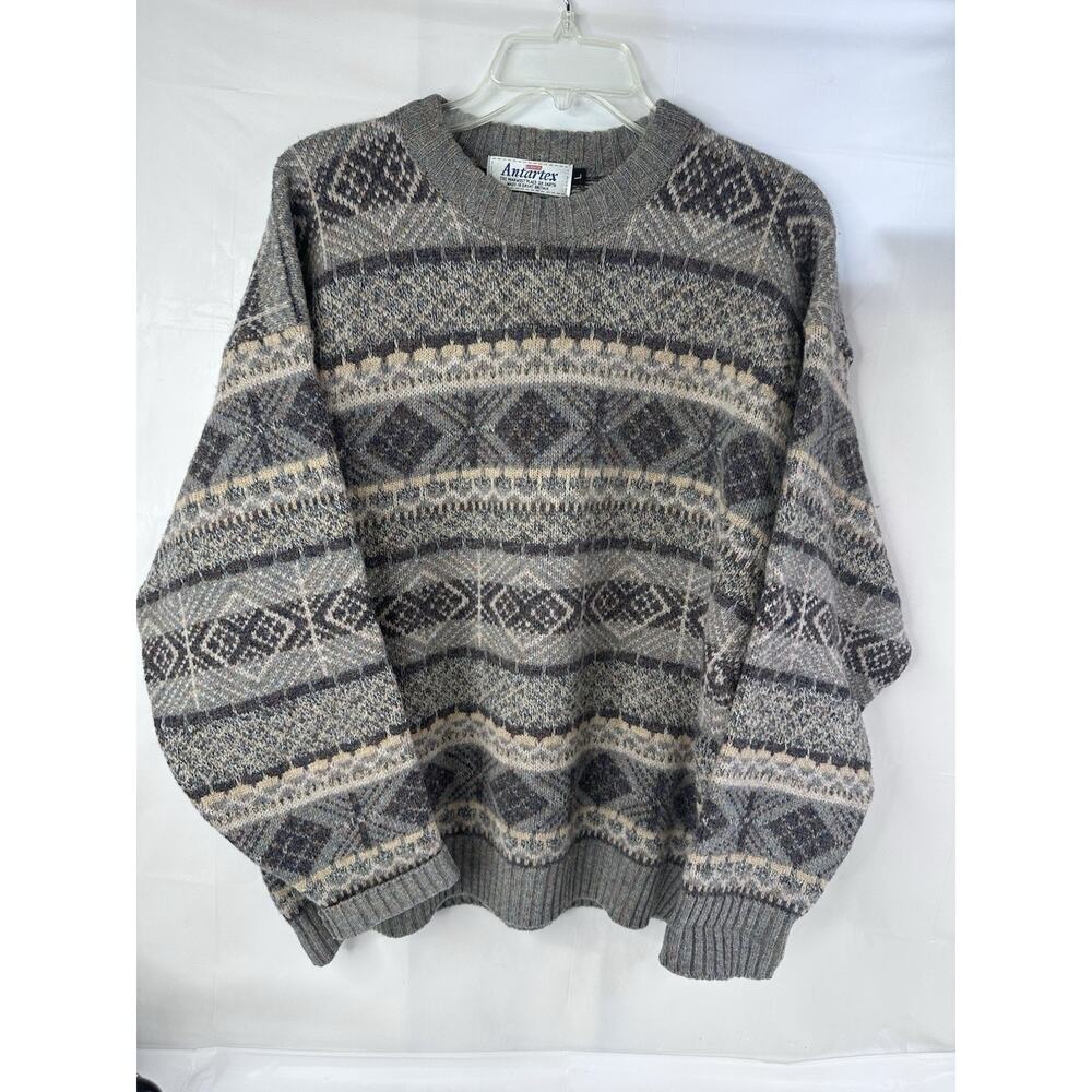 Antartex Vintage Shetland Knitted Wool Jumper Size Large Round Neck Grey